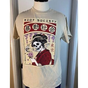 Riot Society Geisha‎ Graphic Tan Cotton Short Sleeve Cotton T-Shirt Mens S
